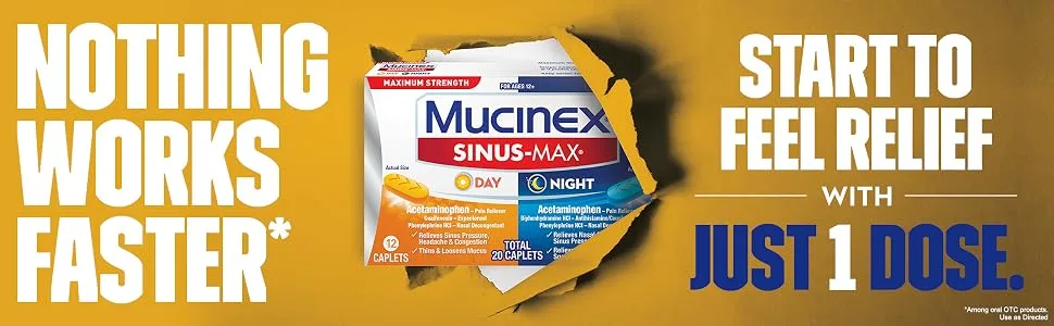 Mucinex Sinus-Max Max Strength Day & Night Caplets 20ct - Nothing works faster. Start to feel relief with just 1 dose. Mucinex Sinus Max Day & Night 20 ct.