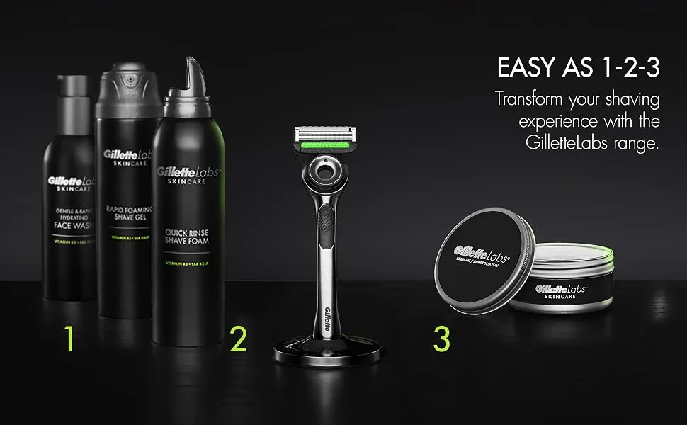 Gillette Labs with Exfoliating Bar by Men's Razor Set 1 Shower Hook Handle 2 Blade Refills Silver and Black Razors for Men Mens Handle + 2 Refills - Try all GilletteLabs products step 1 Face wash, Shave Gel or Foam, Step 2 Razor, Step 3 Moisturizer