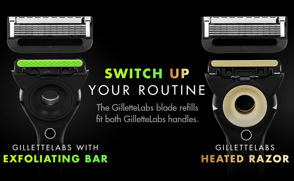 Gillette Labs with Exfoliating Bar by Men's Razor Set 1 Shower Hook Handle 2 Blade Refills Silver and Black Razors for Men Mens Handle + 2 Refills - Use blade refills on both GilletteLabs with Exfoliating Bar handle and Heated Razor Handle