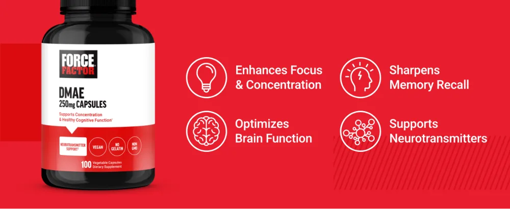 FORCE FACTOR DMAE Supplement for Concentration Focus and Healthy Cognitive Function Brain Supplement & Neurotransmitter Support Vegan Non-GMO 100 Capsules - tablets, brain supplements for memory and focus, focus, focus factor, focusrite, capsules