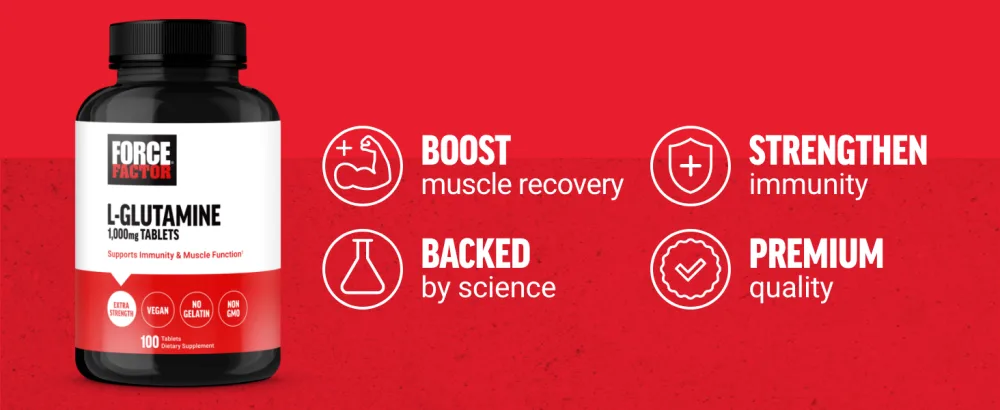 FORCE FACTOR L-Glutamine 1000mg Tablets Glutamine for Muscle Recovery Healthy Muscle Function and Immunity Vegan Non-GMO 100 Tablets - glutamine glutamine powder post workout recovery glutamine capsules muscle recovery post workout