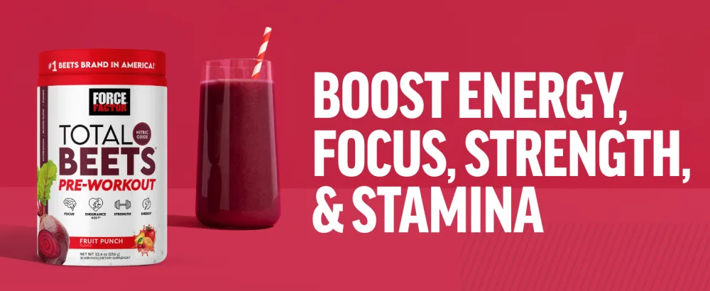 FORCE FACTOR Total Beets Pre-Workout Powder to Boost Energy & Endurance Increase Strength and Improve Blood Flow and Pumps Nitric Oxide Supplement with Beet Root Powder Fruit Punch 30 Servings - Boost Energy, Focus, Strength, & Stamina