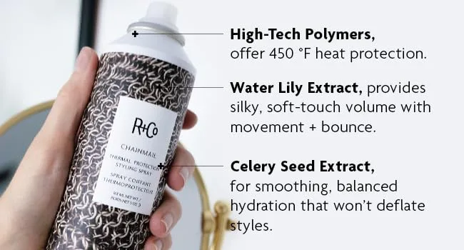 R+Co Chainmail Thermal Protection Spray | Heat Protection + Flexible Hold + Silky Shine | Vegan + Cruelty-Free | 5 Oz - good for