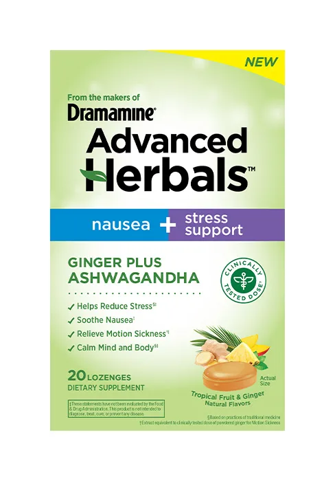 From the Makers of Dramamine Advanced Herbals Nausea and Stress Support with Ginger and Ashwagandha Tropical Fruit and Ginger Flavored Lozenges 20 Ct - Advanced Herbals Stress