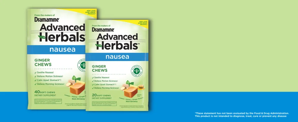 From the Makers of Dramamine Advanced Herbals Nausea and Stress Support with Ginger and Ashwagandha Tropical Fruit and Ginger Flavored Lozenges 20 Ct - AH Ginger Chews