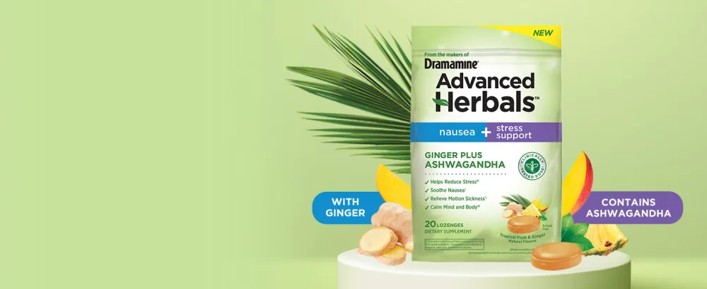 From the Makers of Dramamine Advanced Herbals Nausea and Stress Support with Ginger and Ashwagandha Tropical Fruit and Ginger Flavored Lozenges 20 Ct - Tropical Fruit Flavors