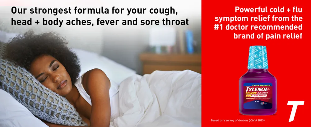 Tylenol Extra Strength Severe Cough + Sore Throat Nighttime Liquid Cold Medicine Multi-Symptom Cold Relief Acetaminophen Pain Reliever Dextromethorphan HBr Doxylamine Succinate 8 Oz. - acetaminophen extra strength liquid cough suppressant cold relief multi symptom flu dextromethorphan