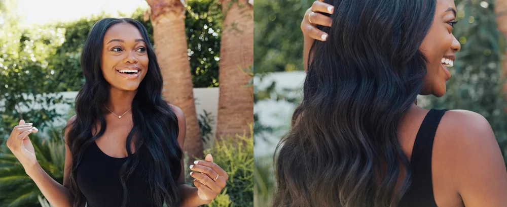 T3 SinglePass Curl Professional Curling Iron Custom Blend Ceramic Long Barrel Curling and Wave Iron with Adjustable Heat Settings for Shiny Smooth Curls and Waves 2 Piece Set White/Rose Gold - Side by side image of model with long, coarse hair showing styling results with Singlepass Wave