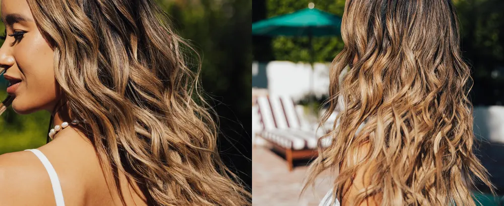 T3 SinglePass Curl Professional Curling Iron Custom Blend Ceramic Long Barrel Curling and Wave Iron with Adjustable Heat Settings for Shiny Smooth Curls and Waves 2 Piece Set White/Rose Gold - Side by side image of model with long hair showing styling results with Singlepass Wave