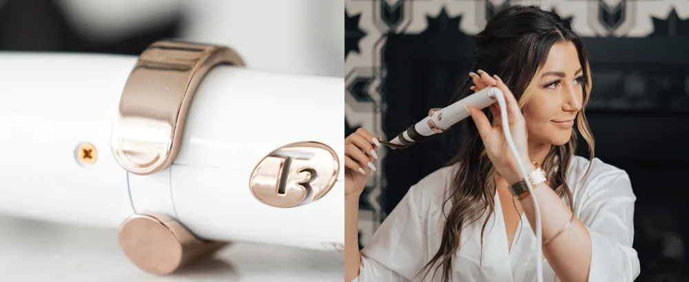 T3 SinglePass Curl Professional Curling Iron Custom Blend Ceramic Long Barrel Curling and Wave Iron with Adjustable Heat Settings for Shiny Smooth Curls and Waves 2 Piece Set White/Rose Gold - Side by side image showing a closeup of the Singlepass Wave curling iron and a model using the tool