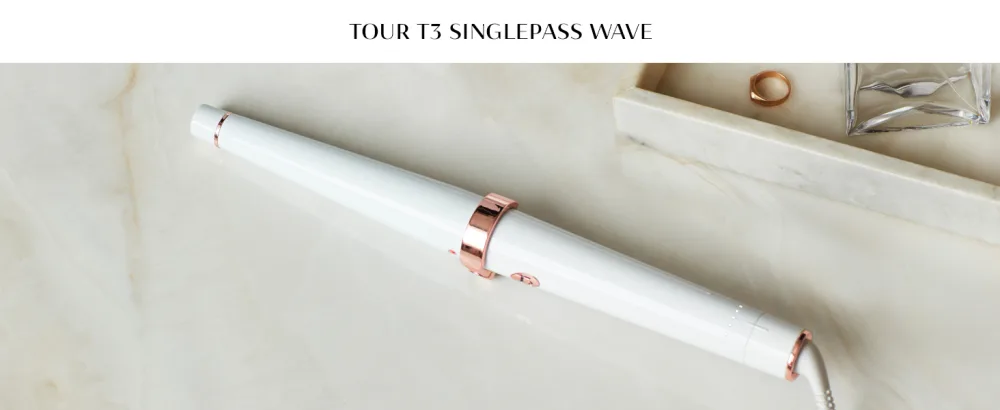 T3 SinglePass Curl Professional Curling Iron Custom Blend Ceramic Long Barrel Curling and Wave Iron with Adjustable Heat Settings for Shiny Smooth Curls and Waves 2 Piece Set White/Rose Gold - T3 Singlepass Wave