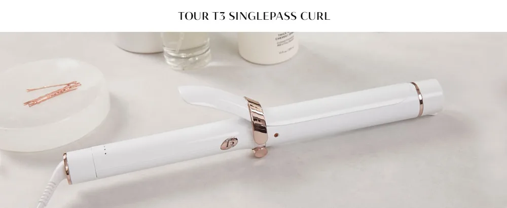 T3 SinglePass Curl Professional Curling Iron Custom Blend Ceramic Long Barrel Curling and Wave Iron with Adjustable Heat Settings for Shiny Smooth Curls and Waves 1 inch White/Rose Gold - Tour T3 SinglePass Curl