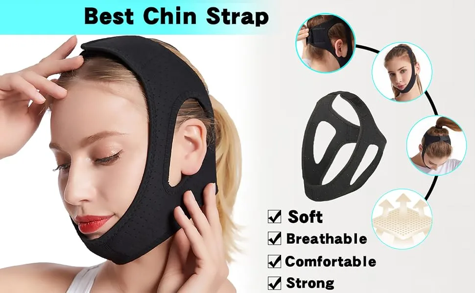 Anti Snoring Chin Strap Keeping Mouth Closed Chin Strap for Snoring Adjustable Comforts & Breathable Post Surgical Chin Strap for Women & Men (Black) - Best Chin Strap