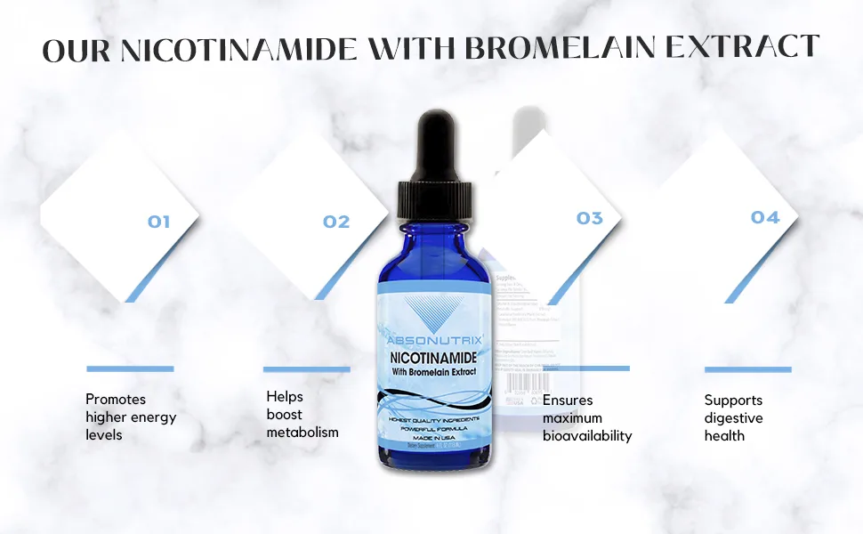 Absonutrix Nicotinamide with Bromelain Extract Advanced Formula 390 mg 4 Oz Liquid 302 Servings Made in USA Quick Absorption Quality Potent Ingredients Non-GMO GMP Certified Facility - Nicotinamide with Bromelain
