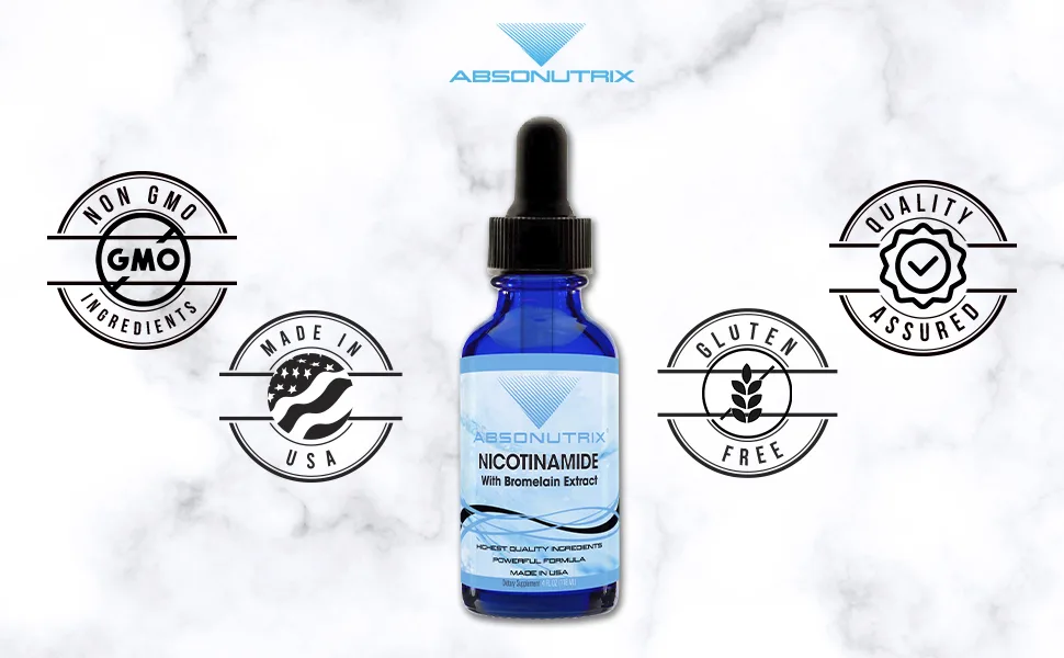 Absonutrix Nicotinamide with Bromelain Extract Advanced Formula 390 mg 4 Oz Liquid 302 Servings Made in USA Quick Absorption Quality Potent Ingredients Non-GMO GMP Certified Facility - Nicotinamide with Bromelain