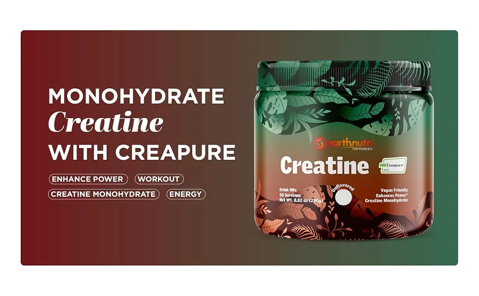 EarthNutri Pure Creatine made with Creapure Creatine Monohydrate Powder Unflavored - 50 servings - Creatine #1 content