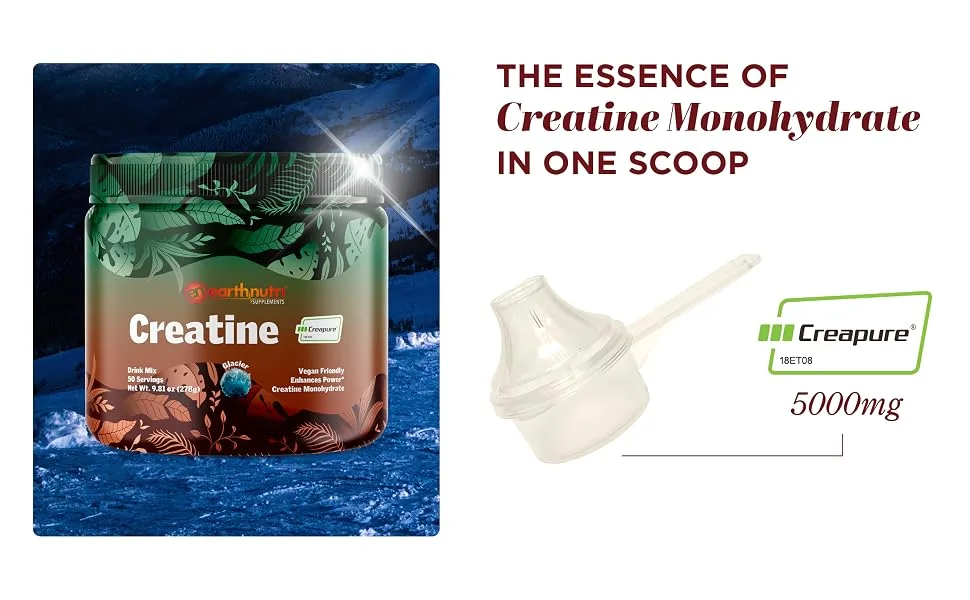 EarthNutri Pure Creatine made with Creapure Creatine Monohydrate Powder Unflavored - 50 servings - Essence in one scoop