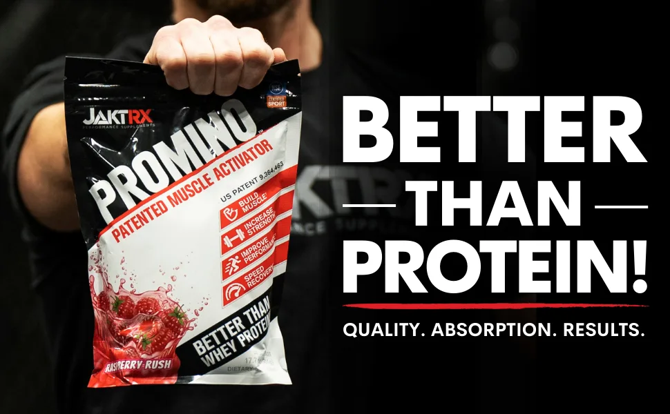JAKTRX PROMINO - Optimized Plant Based Protein Powder - Muscle Supplement for Men and Women - Increases Strength - Post Workout Recovery - 30 Servings - Raspberry Rush - muscle builder post workout protein powder lactose vegan plant recovery EAA essential amino acid