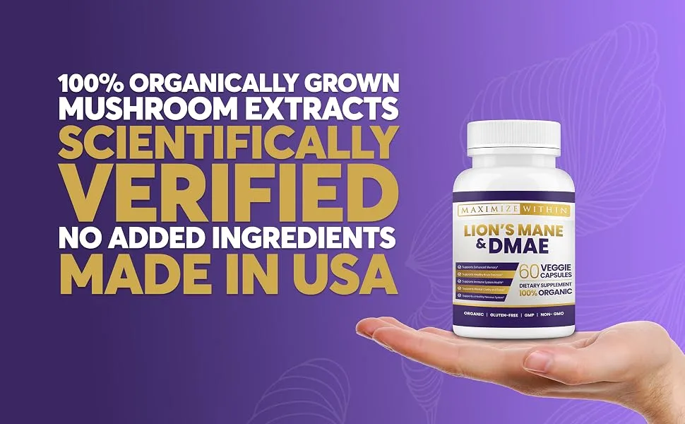 Maximize Within Lion's Mane & DMAE Capsules: Enhance Memory Boost Mental Clarity and Sharpen Focus - 60 Capsules for Maximum Cognitive Support - 100% organically grown lion's mane