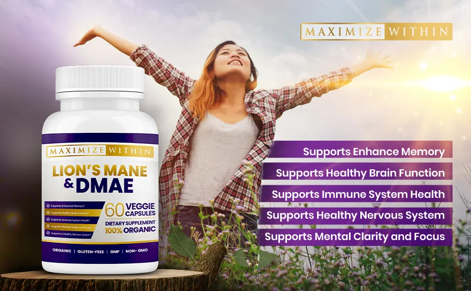 Maximize Within Lion's Mane & DMAE Capsules: Enhance Memory Boost Mental Clarity and Sharpen Focus - 60 Capsules for Maximum Cognitive Support - Supports Healthy Brain Function