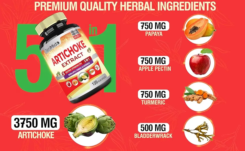 Artichoke Supplement Extract Capsules 6500mg 4 Months Supply with Papaya Apple Pectin Turmeric Curcumin Bladderwrack - Supports Digestion Function - 120 Vegan Capsules - artichoke extract
