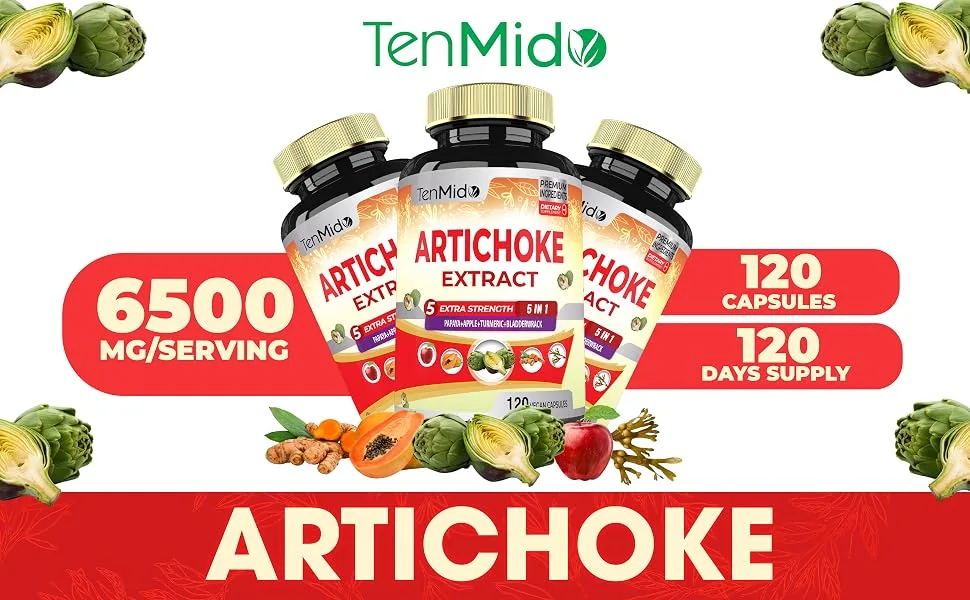 Artichoke Supplement Extract Capsules 6500mg 4 Months Supply with Papaya Apple Pectin Turmeric Curcumin Bladderwrack - Supports Digestion Function - 120 Vegan Capsules - artichoke hearts