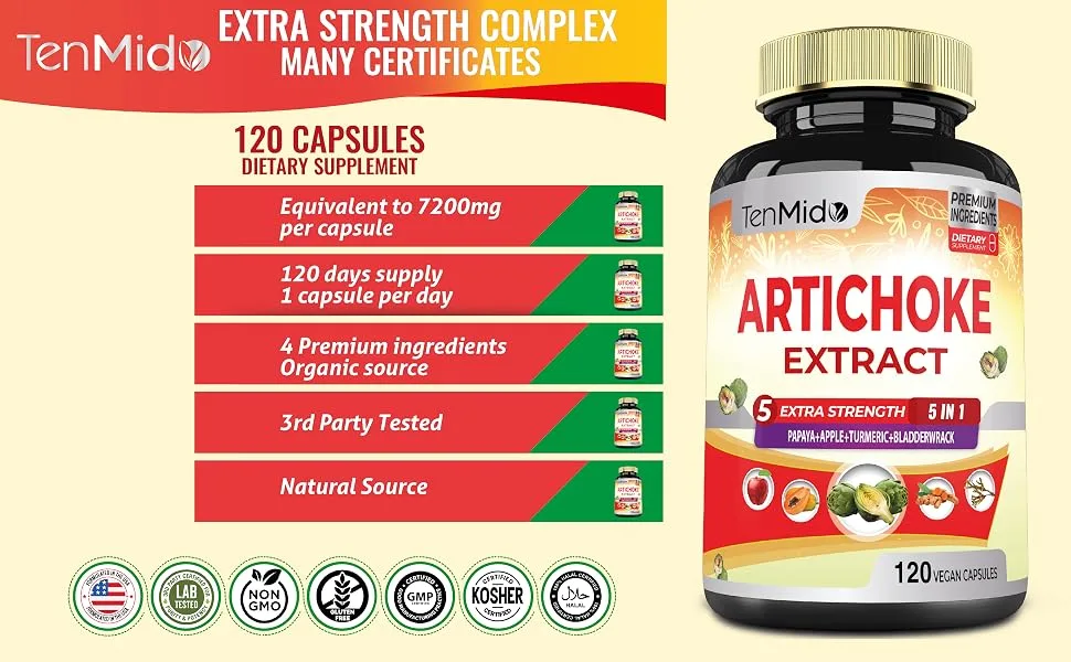 Artichoke Supplement Extract Capsules 6500mg 4 Months Supply with Papaya Apple Pectin Turmeric Curcumin Bladderwrack - Supports Digestion Function - 120 Vegan Capsules - artichokes fresh