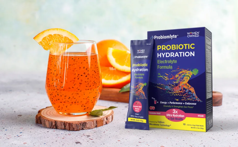 Probiomlyte- Probiotic Hydration Amplifier (Passion Fruit) with Patented TriBiom Microbiome Technology for Endurance Performance Energy and Gut Health - Probiotic Hydration