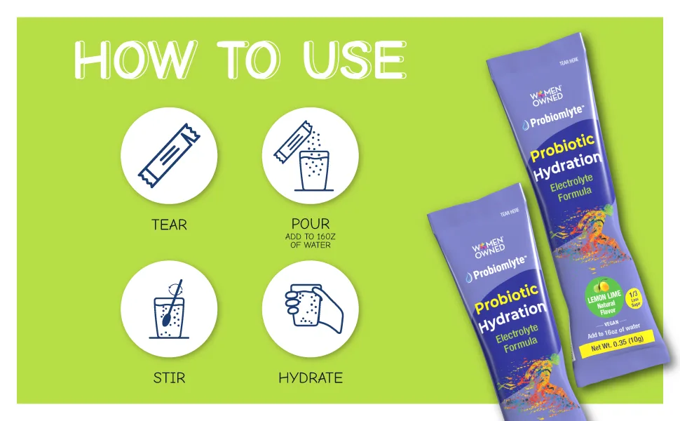 Probiomlyte Probiotic Hydration Amplifier. Electrolytes + Key Vitamins + Probiotics + Prebiotics + Postbiotics + Citrulline |Better Endurance Performance Energy Gut Health| Passion Fruit |10 sticks - How to use