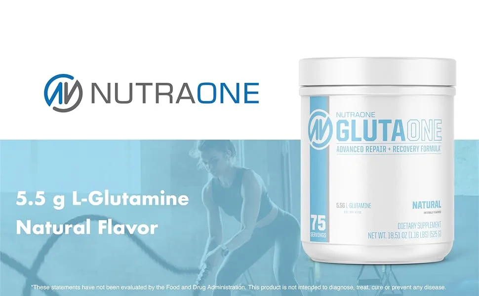 NutraOne GlutaOne L-Glutamine Powder Post Workout Recovery Supplement (75 Servings) - 5.5g L-Glutamine Sustamine Blend Natural Flavor