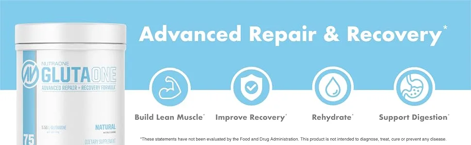NutraOne GlutaOne L-Glutamine Powder Post Workout Recovery Supplement (75 Servings) - Advanced Repair & Recovery Formula Build Lean Muscle Improve Recovery Lose Weight support Digestion