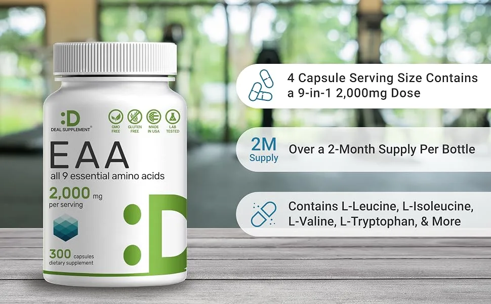 Essential Amino Acids (EAA) 2000mg Per Serving 300 Capsules Unflavored - 9 in 1 All BCAAs (Branched-Chain Aminos) Lean Muscle Support & Natural Pre Workout Supplement - product information 2