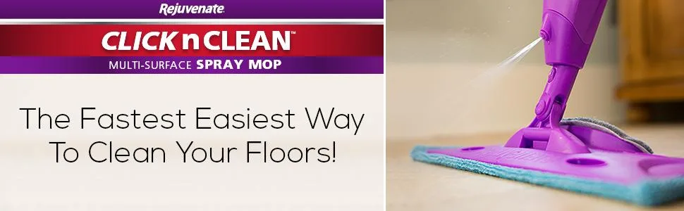 Rejuvenate Click N Clean Multi-Surface Spray Mop Kit, Complete Bundle with Grout Brush, Reusable Microfiber Pads and All Floors Cleaner - Click n Clean Mop Spraying on a floor