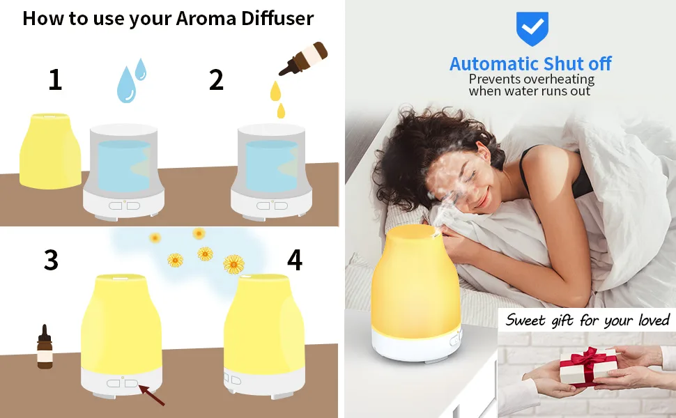 Essential Oil Diffuser 110ml Colorful Aromatherapy Diffuser with 8 Colors Lights Adjustable Mist Mode Waterless Auto Off Stocking Stuffers for Women Adults - aromatherapy diffuser