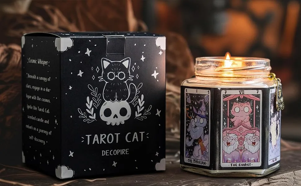 Tarot Cat Protection Crystal Candle Handcrafted Amethyst & Dry Flowers Amber & Sandalwood Scent for Birthdays Witchcraft Relaxation - Chakra Crystal Aromatherapy Healing