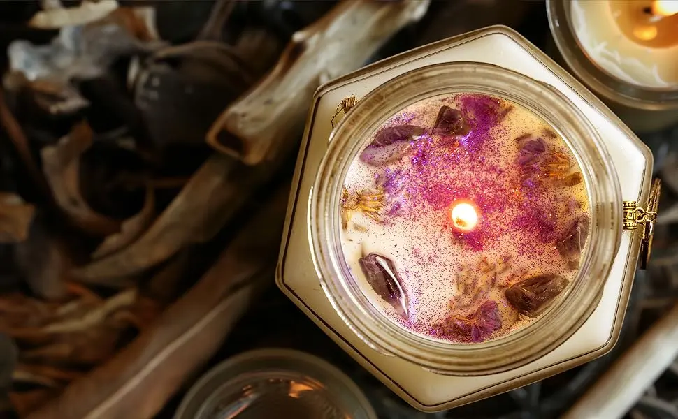 Tarot Cat Protection Crystal Candle Handcrafted Amethyst & Dry Flowers Amber & Sandalwood Scent for Birthdays Witchcraft Relaxation - Tarot Cat Crystal Scented Candle