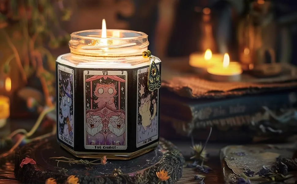 Tarot Cat Protection Crystal Candle Handcrafted Amethyst & Dry Flowers Amber & Sandalwood Scent for Birthdays Witchcraft Relaxation - Tarot Cat Scented Candle