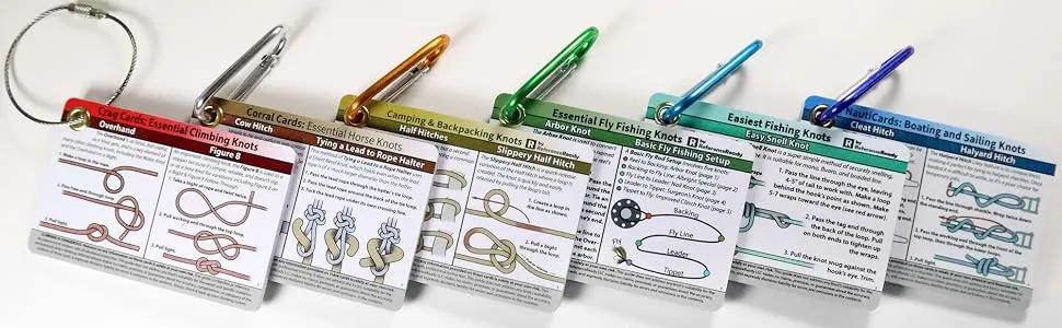 ReferenceReady Fly Fishing Knot Cards - Waterproof Guide to 14 Essential Fly Fishing Knots - Includes Mini Carabiner - ReferenceReady Knot Cards