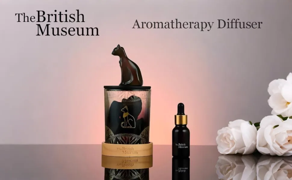 The British Museum Aromatherapy Diffuser Essential Oil Diffuser with Glass Reservoir & Wood Base Himalayan Salt Crystal Lamp Volcanic Stone Diffuser with USB Night Light for Home Office Bedroom - HusonoLife HBM-1 Aromatherapy Diffuser 01