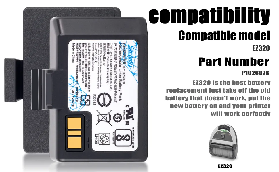 1150mAh 8.6Wh Replacement Batteries fit for Zebra EZ320 P1026078 battery - compatible