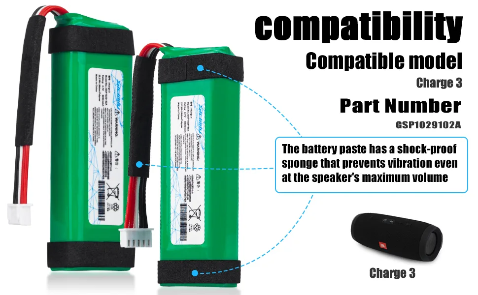 6000mAh Replacement Batteries for JBL Charge 3 GSP1029102A 22.2Wh/3.7v. - COMPATIBILITY