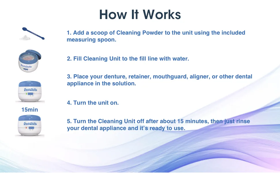 Denture / Retainer Cleaning Kit Clean any Removable Dental Device with a Powerful Sonic Bath Cleaner for Night & Mouth Guards Aligners & More Powerful Cleaning System - product information 4
