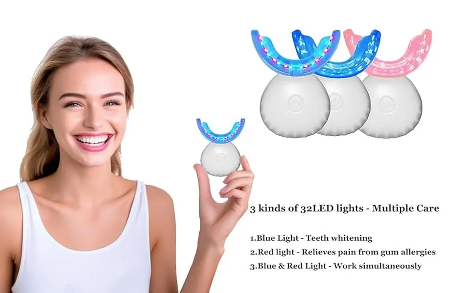32 LED Teeth Whitening Accelerator Light with Cold Light &Red Lights Trays Device Teeth Whitening Enhancer Light Built-in 16 Minute Timer (White) - led red light therapy