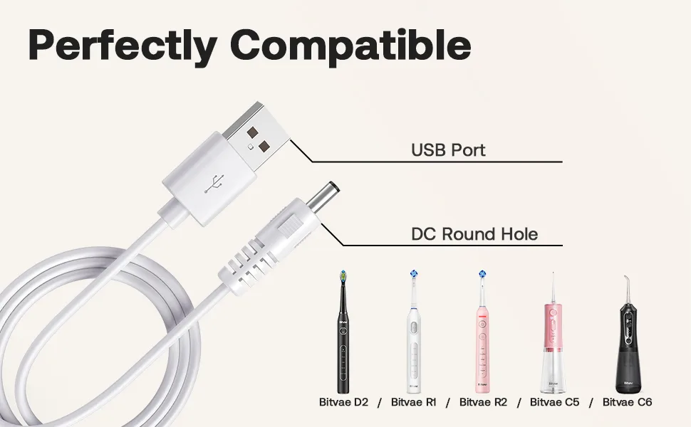 Bitvae Replacement Charger Cable Fits D2/R1/R2/S2 Electric Toothbrush C2/C5/C6 Water Dental flosser USB DC Charging Cord White - Charger Cable