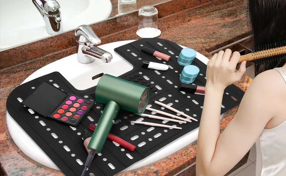 Foldable Sink Cover - Silicone Beauty Makeup Brush Cleaning Mat - Bathroom Sink Cover Silicone Compact Rollable With Hanging Loop And Beauty Makeup Brush Cleaning Mat - product information 1