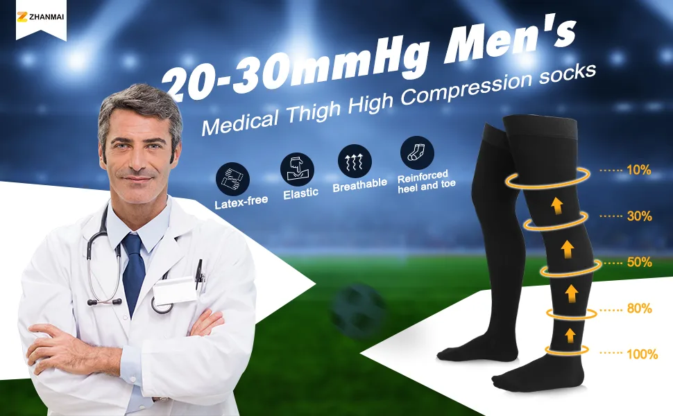 Zhanmai Thigh High Compression Socks 20-30 Mmhg Compression Stockings Thigh High Socks for Men Swelling XL Black - product information 1