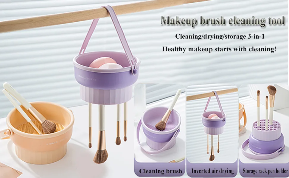Makeup Brush Cleaner Mat 3 in 1 Silicone Makeup Brush Cleaner Bowl Cosmetic Brushes Cleaning Tool Organizer for Storage and Air Dry(Khkai) Khaki - makeup brush holder