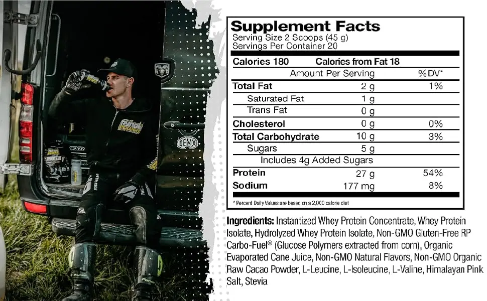 Ryno Power All Natural Whey Protein 2lb (20 Servings) 'Chocolate' - 100% Whey Protein Blend & No Fillers - Non GMO - Supplement facts protein premium whey powder chocolate