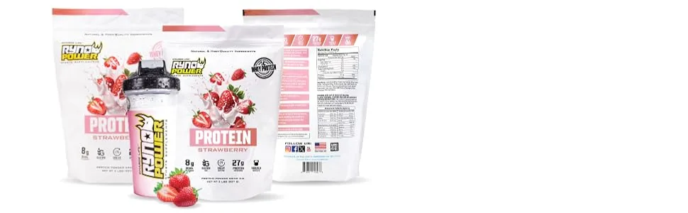 Ryno Power All Natural Whey Protein 2lb (20 Servings) 'Strawberry' - 100% Whey Protein Blend & No Fillers - Non GMO - Product details protein premium whey powder strawberry