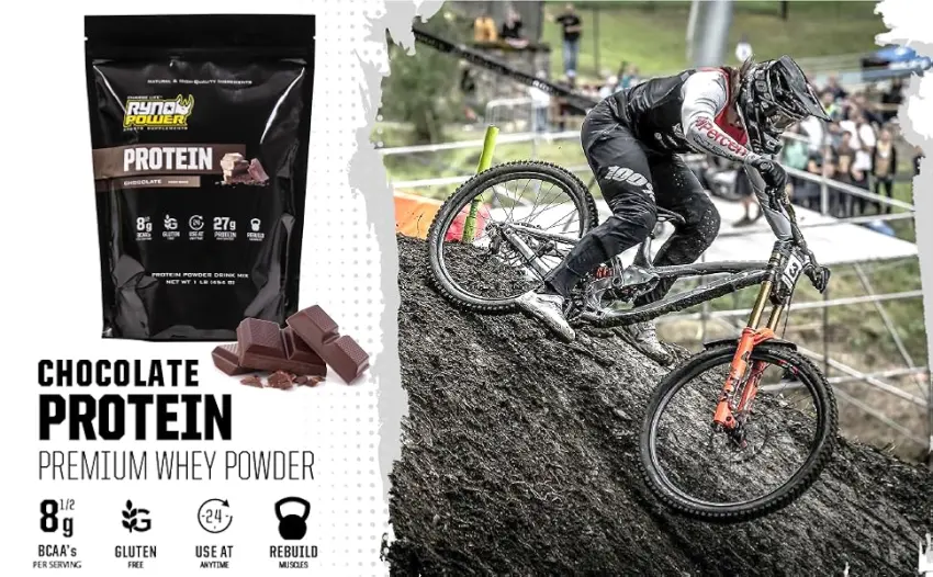 Ryno Power All Natural Whey Protein Singles Caddy (12 Servings) 'Chocolate' - 100% Whey Protein Blend & No Fillers - Non GMO Chocolate Single Serving - Protein premium whey powder chocolate and a man riding a mountain bike.